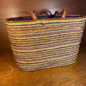 Handwoven Multicolor Striped Straw Tote Bag With Dual Handles & Black Inner Lini